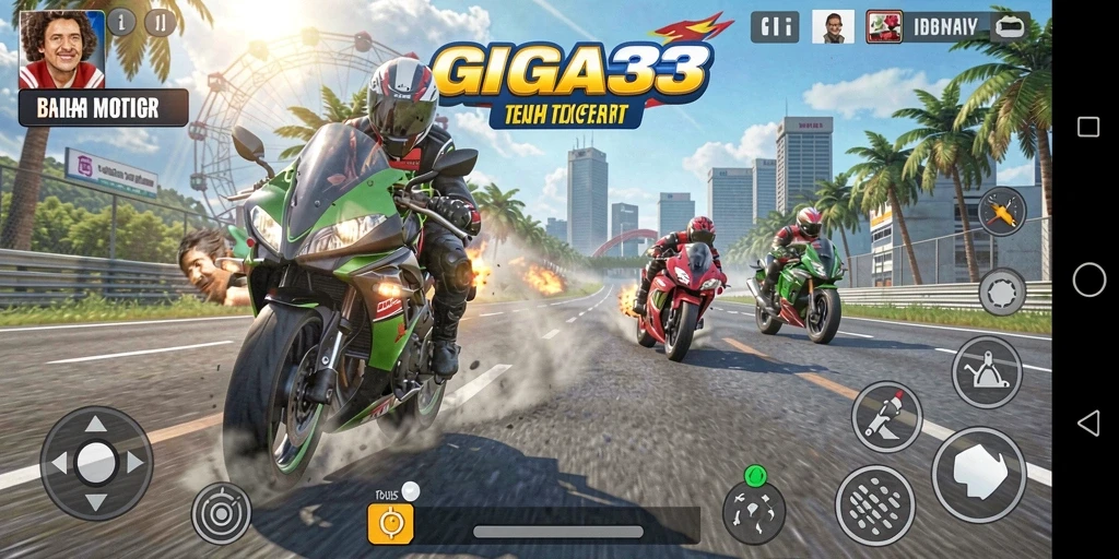 Gameplay menegangkan GIGA33 dengan balapan motor di trek yang menantang.