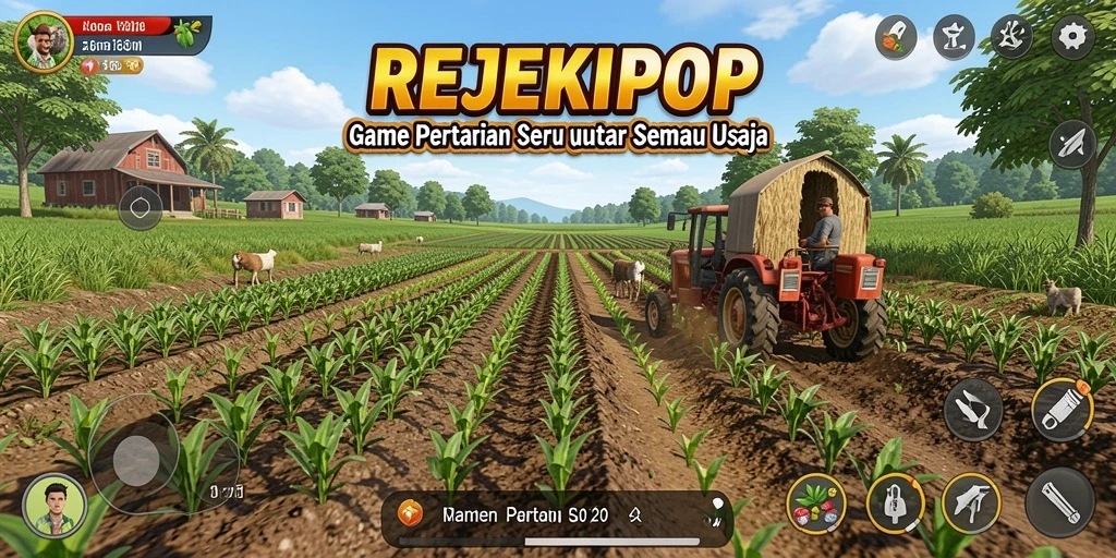 Screenshot gameplay <strong>REJEKIPOP</strong> menunjukkan aktivitas bertani yang seru.