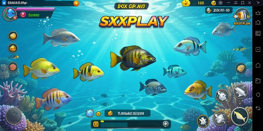 Tampilan gameplay SXXPLAY yang seru dengan ikan berwarna-warni.