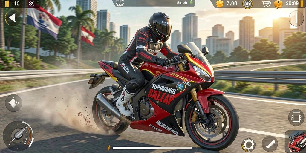 Gameplay mendebarkan dari TOPIWANGI dengan motor balap yang cepat.