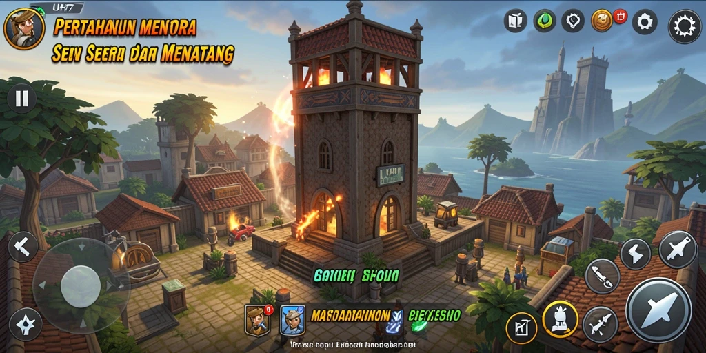 Screenshot UH77 menunjukkan pertempuran menara yang intens dan strategis.